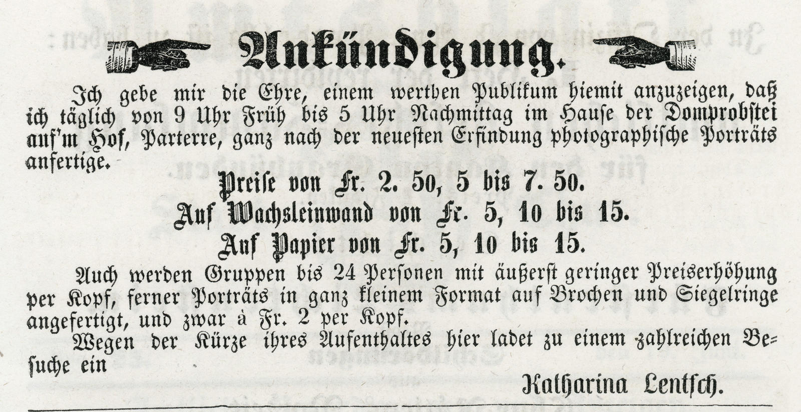Auszug aus dem Amtsblatt der Stadt Chur 1858. Die Tiroler Schwestern Lentsch boten in Chur ihr Können an. 