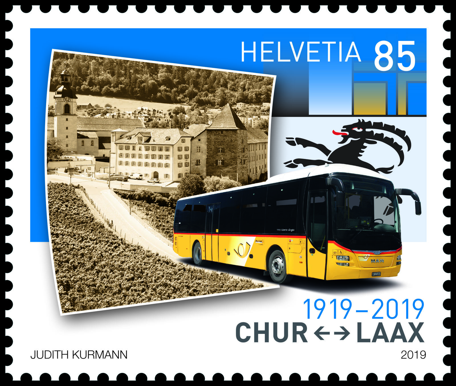 Die Briefmarke zum Jubiläum 100 Jahre Postautolinien Graubünden. PRESSEBILD