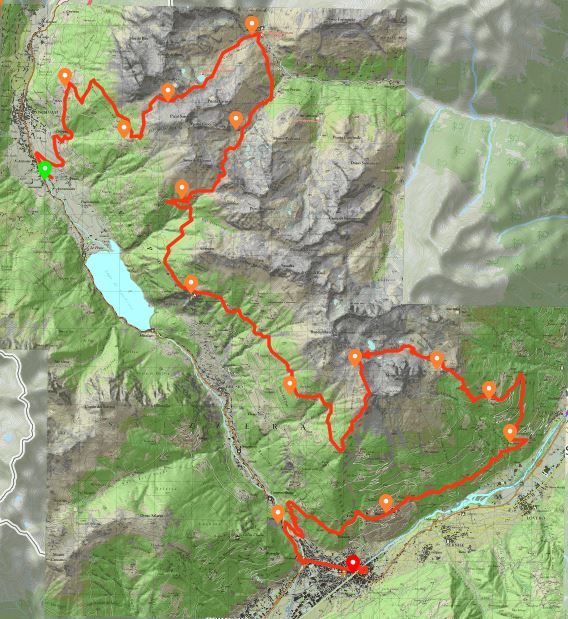 Der Routenverlauf von Poschiavo (grün Marker oben) nach Tirano (roter Marker)