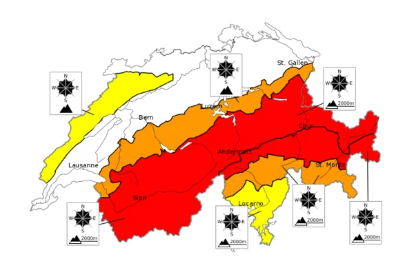 gelb = mässig / orange = erheblich / rot = gross Quelle: SLF Davos