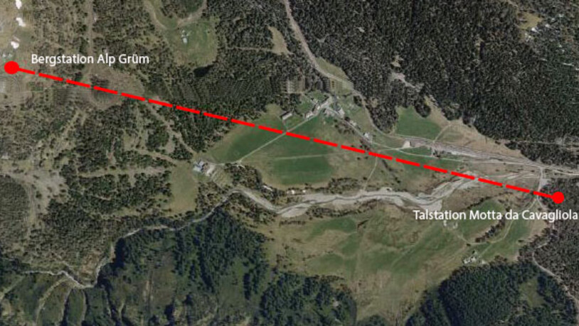 Die Seilrutsche führt von der Bergstation Alp Grüm bis zur Talstation Motta di Cavagliola.