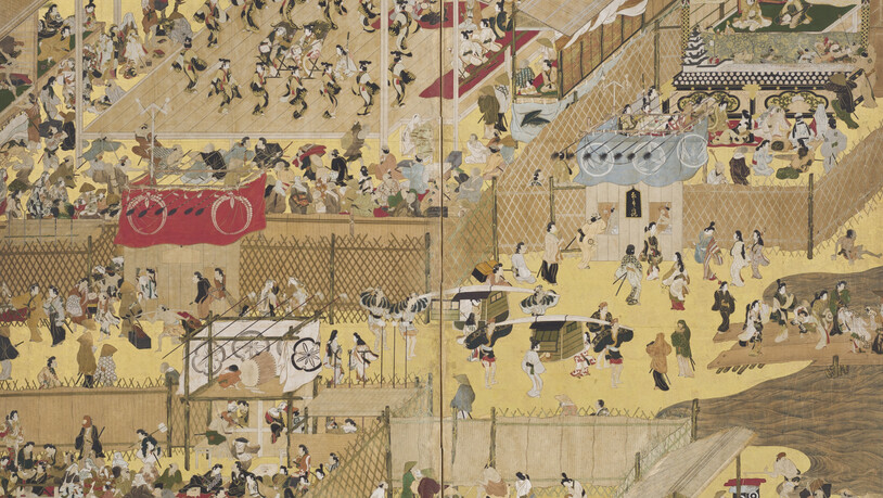 In zwei Ausstellungen stellt das Zürcher Museum Rietberg unter dem Begriff der narrativen Kunst Japans traditionelle Bildrollen (hier: Szenen von Spektakeln am Flussbett der Shijō-Strasse) und Manga einander gegenüber.