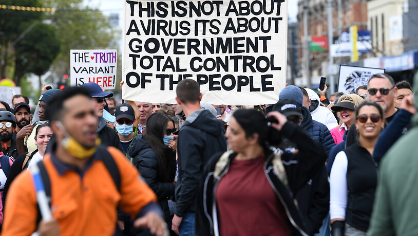 Protesters gather during a The Worldwide Rally for Freedom in Melbourne, Saturday, September 18, 2021. The Worldwide Rally for Freedom is a purported day of rallies for "freedom" across many countries, which is also labelled 'World Wide Demonstration 4…