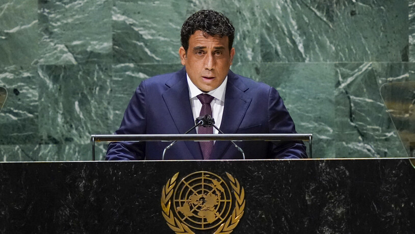 Mohammed al-Menfi, Vorsitzender des libyschen Präsidialrats, spricht während der 76. Generaldebatte der UN-Vollversammlung. Nach Einschätzungen von Al-Menfi steht das Bürgerkriegsland Libyen an einer «entscheidenden Kreuzung». Foto: Mary Altaffer/Pool AP…