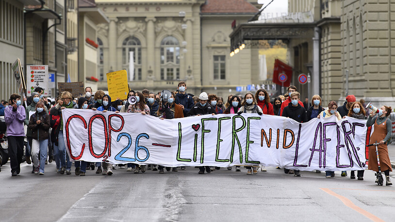 Eine Gruppe Demonstrierende auf dem Weg zum Bundesplatz.