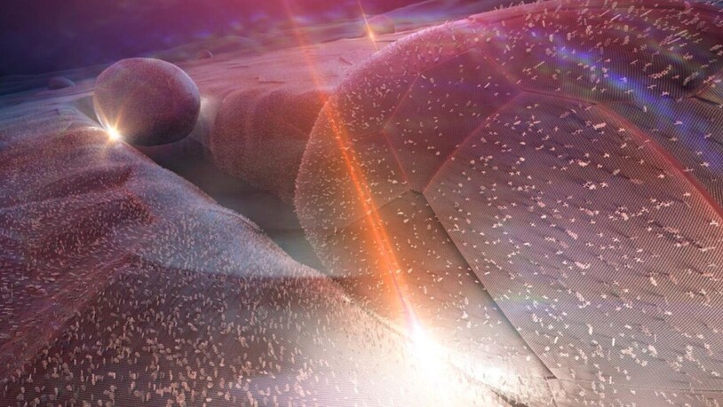 Künstlerische Ansicht der plasmonischen Hohlräume mit Nanopartikeln in Rillen, die unsichtbare Infrarotsignale in sichtbares Licht umwandeln (heller Punkt). Diese Entwicklung der EPFL ermöglicht künftig hochauflösende Infrarotspektroskopie mit…