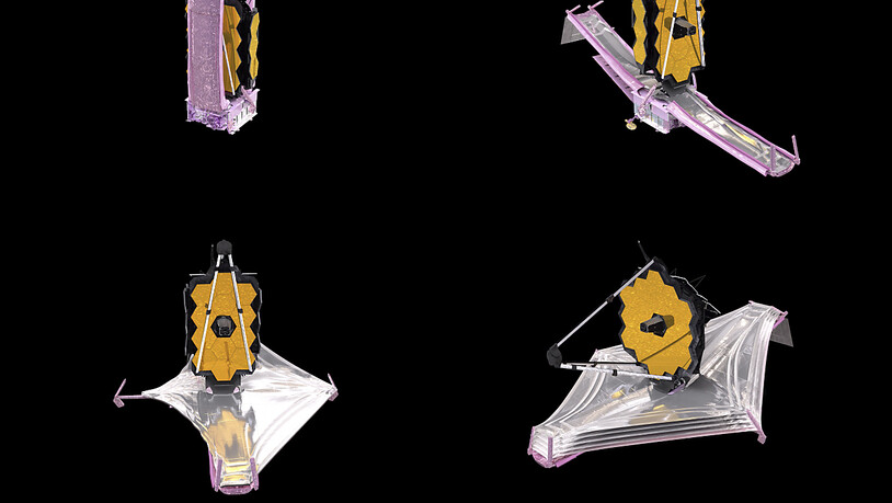 Eine Computer-Animation zeigt, wie sich das neue Weltraumteleskop James Webb entfaltet hat. Nun hat das Teleskop das erste Bild aus den Tiefen des Alls zur Erde geschickt. Es wird zur Ausrichtung des Hauptspiegels des Teleskops genutzt.