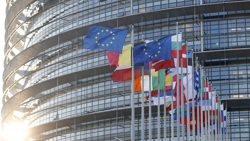 Europäische Flaggen wehen vor dem Europäischen Parlament. Am Dienstag wurde bekannt, dass das EU-Parlament der Ukraine angesichts der Spannungen mit Russland eine weitere Unterstützung in Höhe von 1,2 Milliarden Euro  bereitstellt. Foto: Jean-Francois…