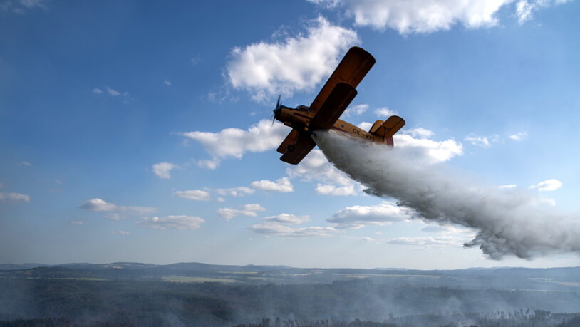 Feuerwehrleute bekämpfen einen Waldbrand in der Nähe des tschechischen Dorfs Hrensko mit einem Flugzeug. (Archivbild)