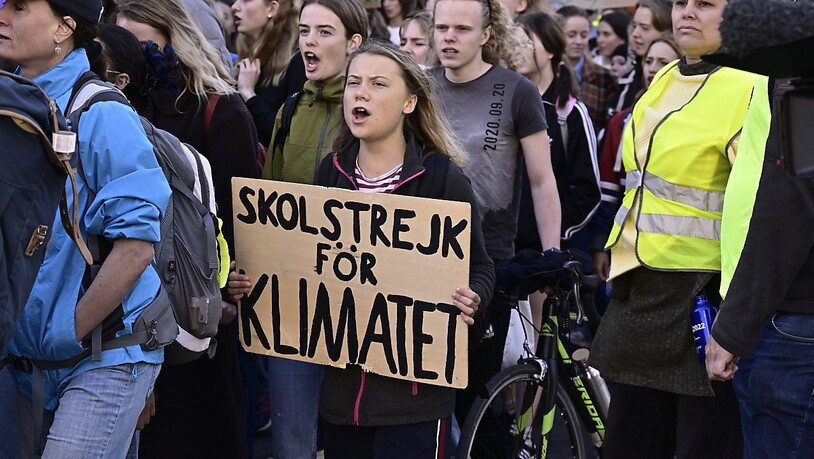 Greta Thunberg (M), Klimaaktivistin aus Schweden, nimmt mit anderen Demonstranten an einem Fridays for Futre Klimaprotest teil. Foto: Claudio Bresciani/Tt/TT News Agency/dpa