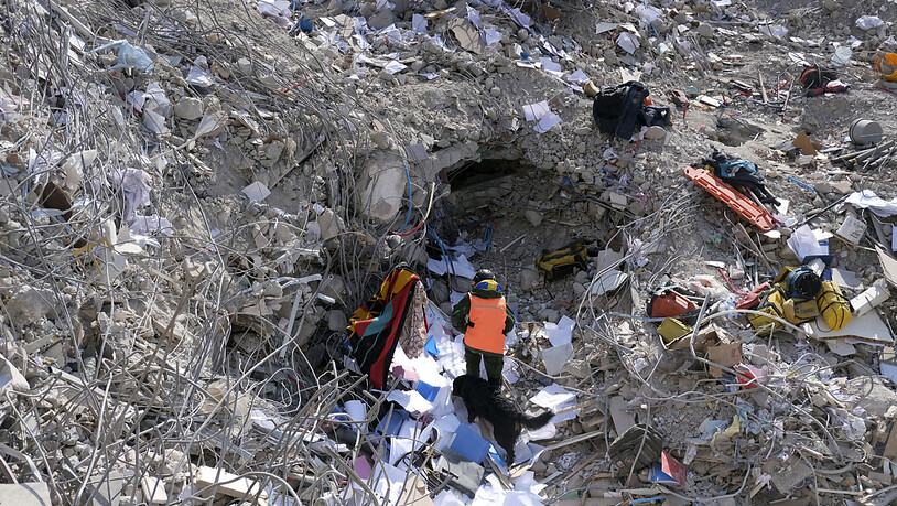 Ein Mann geht mit seinem Hund zwischen den Trümmern eines eingestürzten Gebäudes in Antakya. Foto: -/AP/dpa