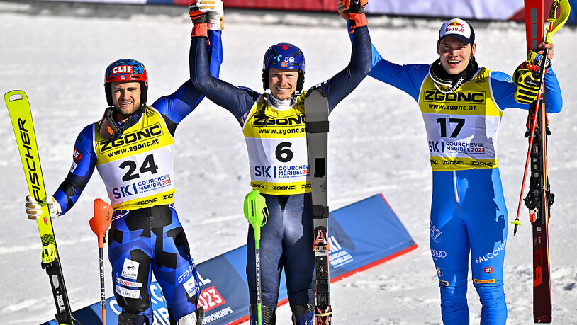 Die ersten drei des WM-Slaloms in Courchevel (v.l.): AJ Ginnis, Henrik Kristoffersen, Alex Vinatzer