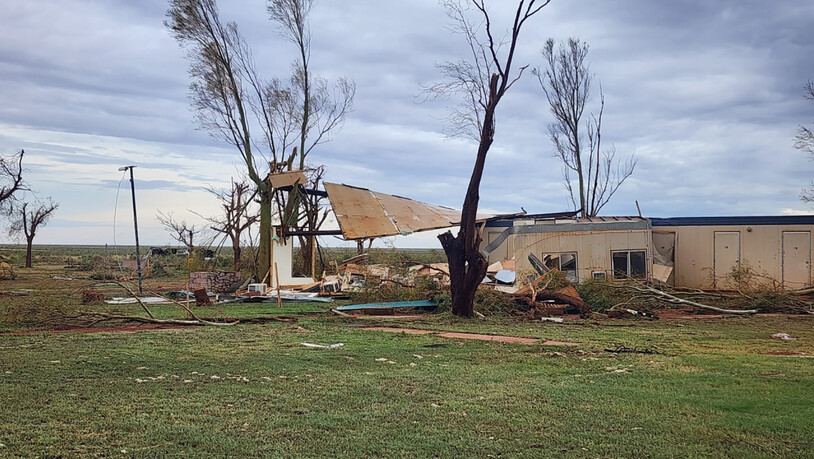 A supplied image shows damage to the Pardoo Roadhouse and Tavern in Pardoo, Western Australia, Friday, April 14, 2023. Tropical Cyclone Ilsa has crossed the Western Australian coast as a severe, category-five system before slowly weakening as it works…
