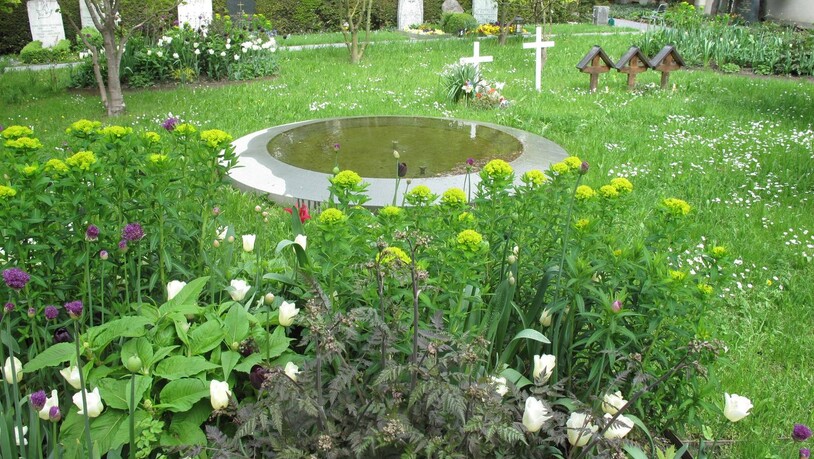 Mitten im Grünen: Ein Natursteinbrunnen bildet das Zentrum des neuen Kindergrabfeldes.