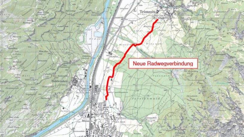 So würde der Verlauf des neuen Velowegs zwischen Chur und Trimmis aussehen. Bild Auflageprojekt Gemeinde Trimmis