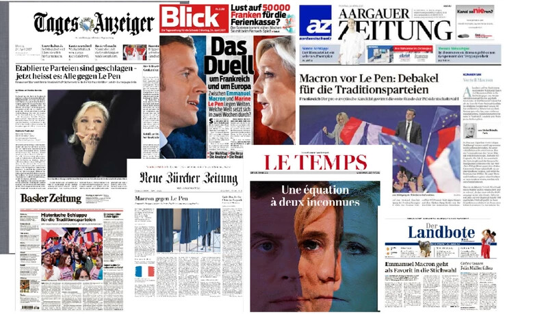 Zwei Gesichter prägen die Titelseiten der Tageszeitungen nach dem ersten Wahlgang in Frankreich: Jene von Emmanuel Macron und Marine Le Pen.