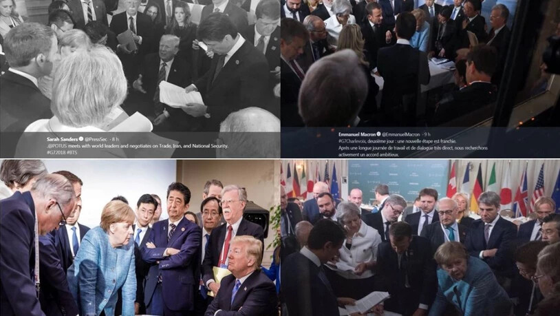 Schlüsselmoment am G7-Gipfel in Kanada: Die vier Bilder erzählen aber je nach Perspektive eine andere Geschichte.