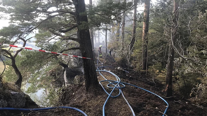 In einem abgelegenen Waldstück im Kanton Jura brach am Sonntagnachmittag ein Brand aus. Weil die Stelle für die Feuerwehrleute schwer zugänglich war, wurde auch ein Löschhelikopter eingesetzt.