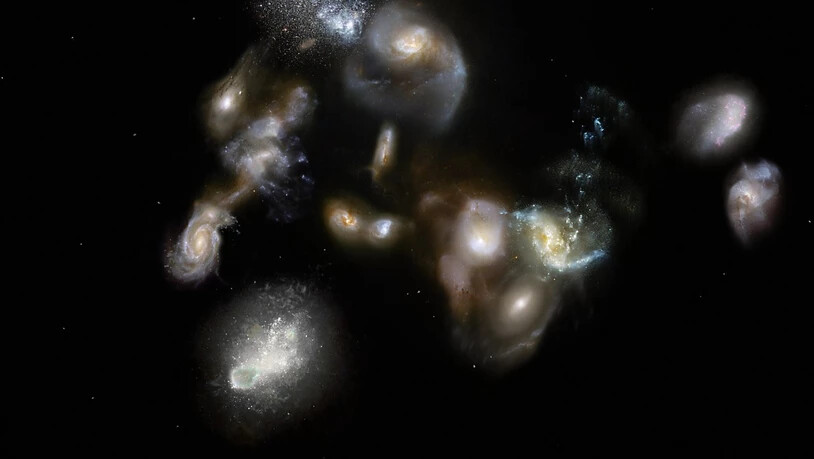 Eine Gruppe von heranwachsenden Galaxien im frühen Universum. (Computerbild)