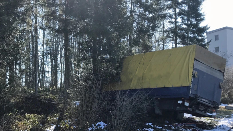 Ein Lastwagen landet nach der Kollision mit einem Lieferwagenanhänger bei Neuenkirch LU in den Bäumen.