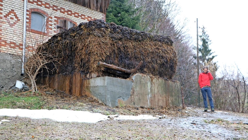 Überladen: Die Fassung des Miststocks scheint zu klein zu sein und ist ausserdem beschädigt – an der Seite läuft wohl Mistwasser aus.