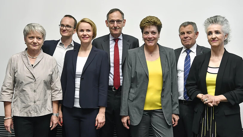 Das ist der neue Zürcher Regierungsrat mit Frauenmehrheit, von links nach rechts: Jacqueline Fehr (SP), Martin Neukom (Grüne), Natalie Rickli (SVP), Mario Fehr (SP), Silvia Steiner (CVP), Ernst Stocker (SVP) und Carmen Walker Späh (FDP).