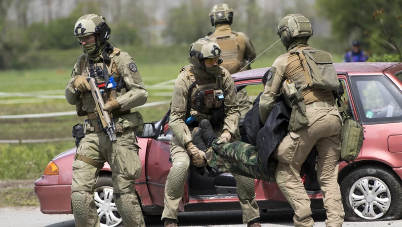 Die Polizisten ergreifen in der Übung in Collombey-Muraz einen "Terroristen".