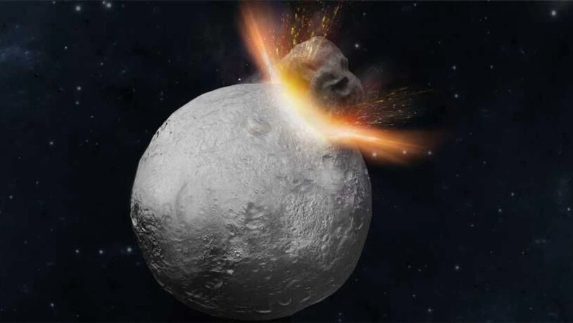 Ein heftiger Einschlag auf Vesta könnte die verschiedenen Komponenten des Asteroiden vermischt haben. Trümmer dieser Mischung landeten als Meteoriten auf der Erde. (Illustration)