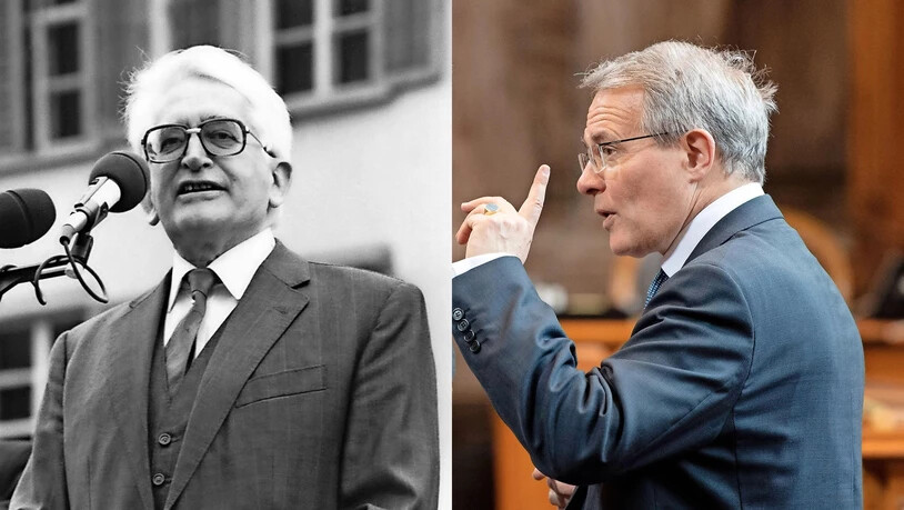 Zweimal Hefti: Vater Peter Hefti spricht an einer Landsgemeinde, Sohn Thomas Hefti im Ständerat.