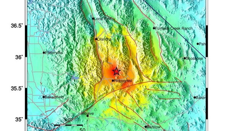 Ein Handout-Foto der US-Erdbebenwarte zeigt das Epizentrum des starken Erdbebens in Südkalifornien