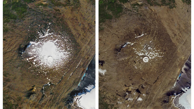 Im Jahr 1986 (links) noch ein stolzer Gletscher, nun ist er offiziell "tot" (rechts). Der Okjokull-Gletscher in Island.