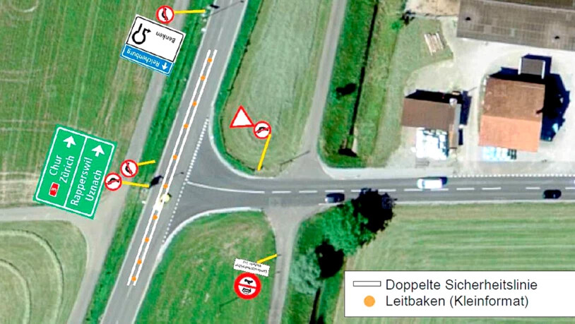 Neue Signalisation: Bei der Kreuzung Speerstrasse/Autobahnzubringer wird das Linksabbiegen verboten.