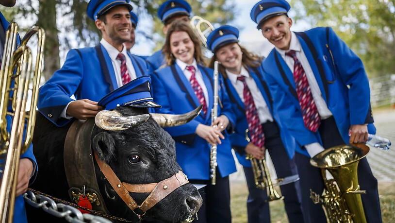 Fototermin mit Kuh: Musikerinnen und Musiker am eidgenössischen Volksmusikfest in Crans-Montana.