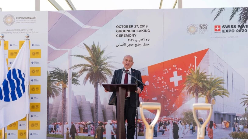 Bundespräsident Ueli Maurer spricht an der Zeremonie zum Spatenstich für den Schweizer Pavillon der Expo 2020 in Dubai.