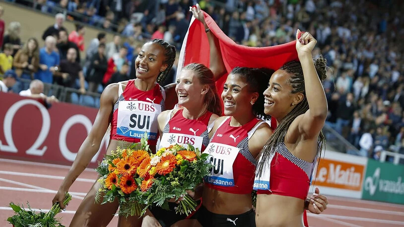 Nominierte Team: Die Schweizer 4x100-Meter-Staffel der Frauen mit Sarah Atcho, Ajla del Ponte, Mujinga Kambundji und Salome Kora (von links), die an der Leichtathletik-WM in Doha mit Schweizer Rekord zu Rang 4 lief