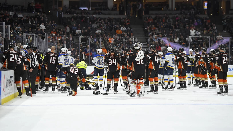 Banges Warten: Die Spieler der Anaheim Ducks und St. Louis Blues stehen auf dem Eis, nachdem St. Louis' Verteidiger Jay Bouwmeester auf der Spielerbank zusammenbegrochen war