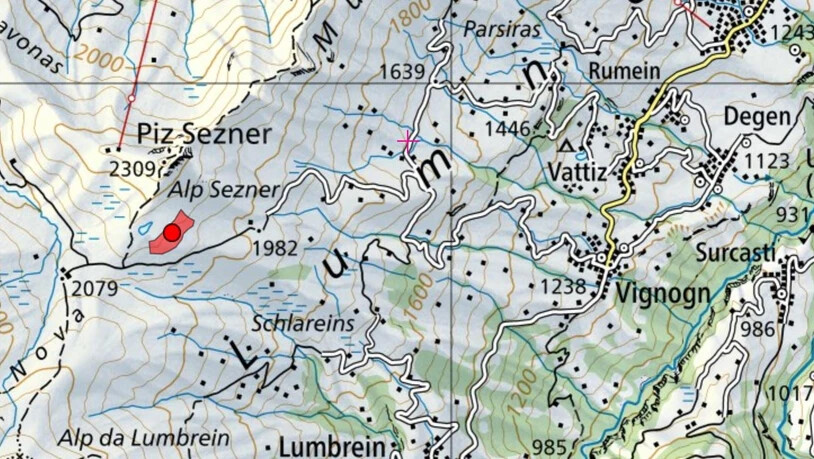 Die Markierung von der Alp Sezner im Val Lumnezia in Graubünden.