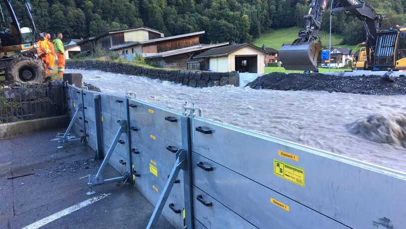 Mit mobilen Stahlschutzwänden konnte der Diesbach gelenkt werden.