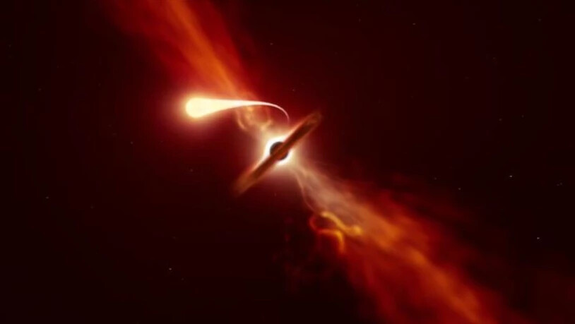 Künstlerische Darstellung einer "Spaghettifizierung", dem Lichtphänomen, das sich zeigt, wenn ein Schwarzes Loch einen Stern verschluckt. Forschern in Garching bei München ist es gelungen, den Moment zu erwischen. (Bild Eso)