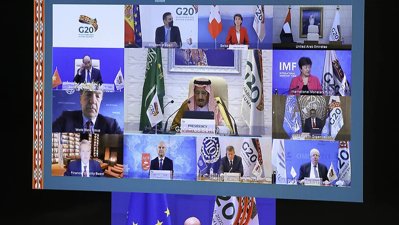 Charles Michel, Präsident des Europäischen Rats (unten), nimmt am virtuellen G20-Gipfel unter Vorsitz Saudi-Arabiens teil. Foto: Yves Herman/Pool Reuters/AP/dpa