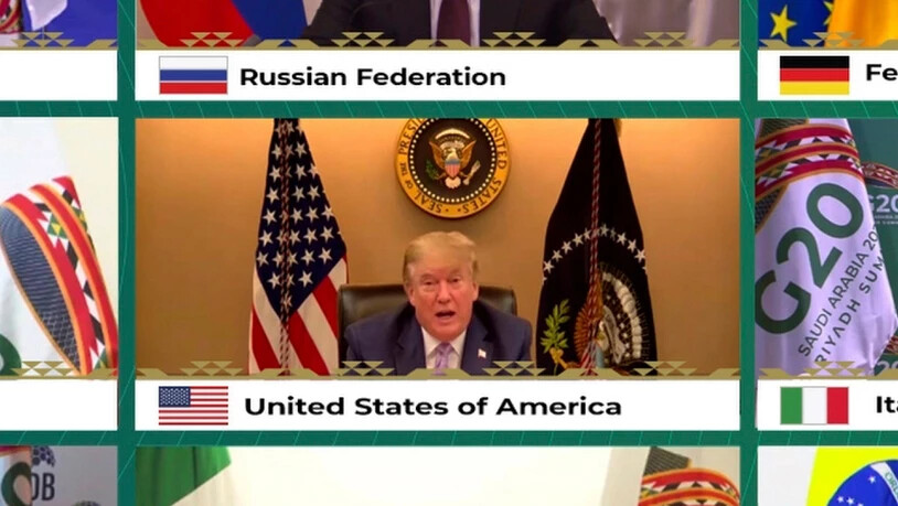 HANDOUT - Donald Trump, US-Präsident, und weitere Staats- und Regierungschefs der führenden Wirtschaftsnationen (nicht im Bild) nehmen an einer Video-Schalte zum virtuellen G20-Gipfel teil. (Wiederholung mit verändertem Bildausschnitt) Foto: -/G20 Riyadh…