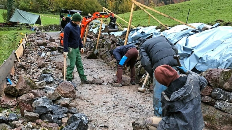 Trockenmauersannierung in Ennenda: Die Mauern sind trocken, das Wetter feucht.