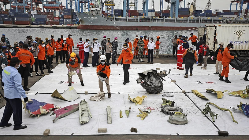 Trümmerteile werden im Hafen Tanjung Priok zur Inspektion ausgelegt. Foto: Dita Alangkara/AP/dpa