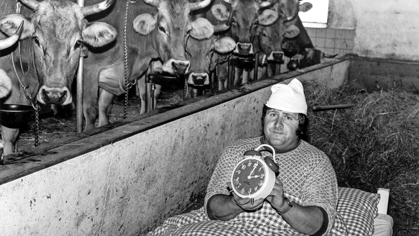 1. Januar 1981: Seit diesem Datum gilt in der Schweiz die Sommerzeit. Es wird auch immer wieder versucht, das wiederkehrende Ereignis der Zeitumstellung bildlich umzusetzen. Das amüsante Beispiel aus dem Jahr 1984 illustriert die Situation für die Bauern.