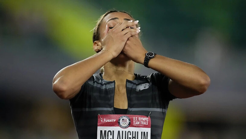 Kann es kaum fassen: Sydney McLaughlin nach dem Zieleinlauf in Weltrekord-Zeit.
