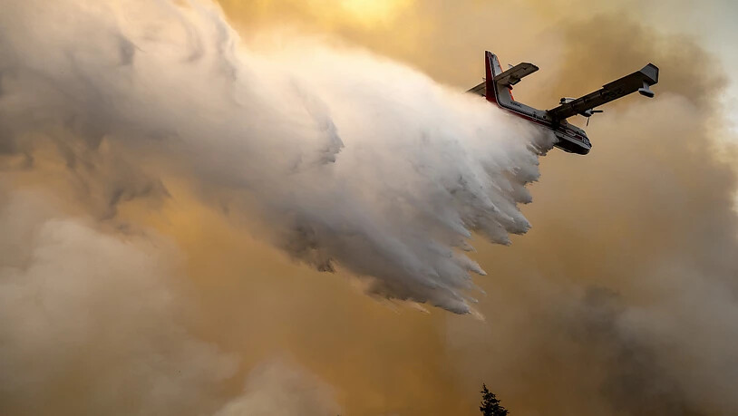 Ein Löschflugzeug wirft Wasser auf einen brennenden Bergrücken ab, wo eine Feuerlinie von Mannschaften der Waldbrandbekämpfung geschaffen wurde. Foto: Pete Caster/Lewiston Tribune via AP/dpa - ACHTUNG: Nur zur redaktionellen Verwendung und nur mit…