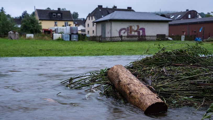 Die Selbitz ist in der gleichnamigen Ortschaft durch die starken Niederschläge zu einem reißenden Fluss geworden. Foto: Nicolas Armer/dpa