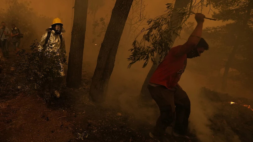 dpatopbilder - Personen versuchen einen Waldbrand in einem rauchverhangenen Waldstück auf der griechischen Insel Euböa zu löschen. Foto: Petros Karadjias/AP/dpa