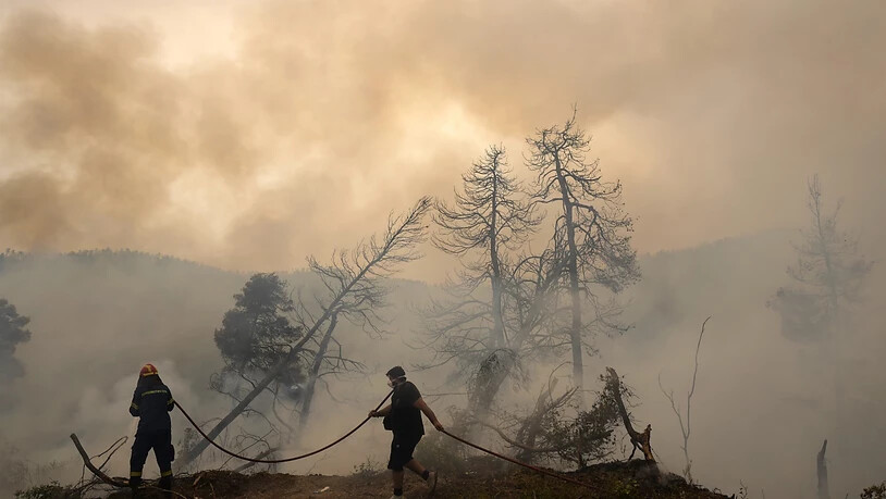 Zwei Männer versuchen im Dorf Ellinika auf der Insel Euböa die Flammen zu löschen. Nach über einer Woche Kampf gegen unzählige Großbrände im ganzen Land hat sich die Situation in Griechenland am Montag vorerst leicht entspannt. Doch die Gefahr ist nicht…