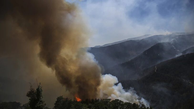 Rauch und Flammen steigen empor während eines Waldbrandes in Koycegiz, in der Provinz Mugla im Südwesten der Türkei. Seit dem 28. Juli kämpfen Einsatzkräfte gegen die massiven Waldbrände inmitten einer heftigen Hitzewelle. Foto: Emre Tazegul/AP/dpa